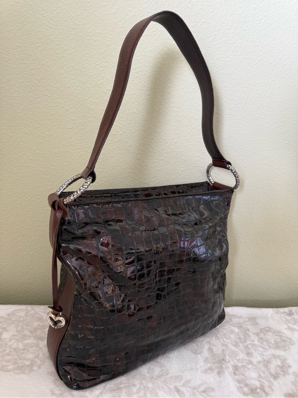 BRIGHTON Bronze Patent Leather Croc Embossed Shoulder Bag Charm